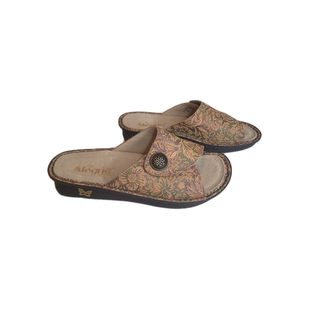 Alegria Women's Tan Floral Slide Sandals with Decorative Button